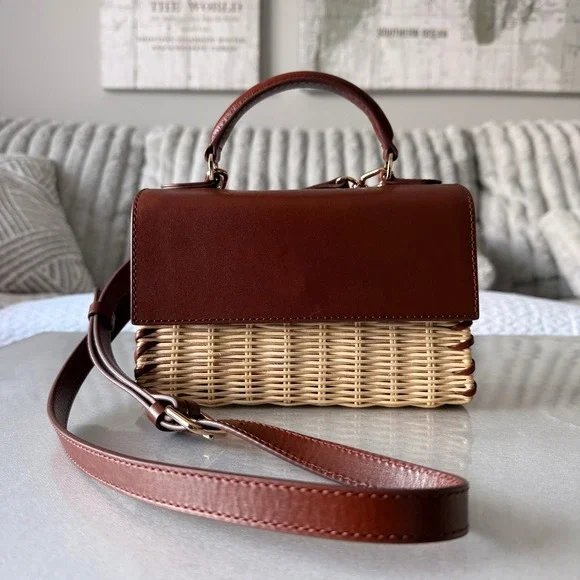 J.Crew Leather and Wicker Mini Satchel Crossbody Bag Brown Tan Whipstitch - Picture 1 of 7